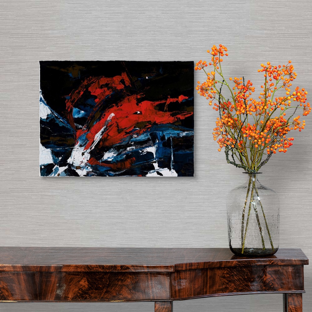 A traditional room featuring An abstract painting of a play of warm and cool colors.