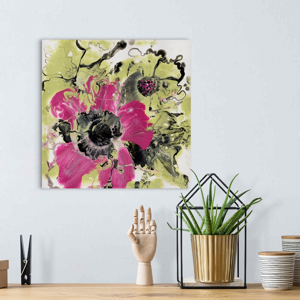 A bohemian room featuring Abstract pour painting of the flowers in a subdued color palette using dark pink, yellow and blac...