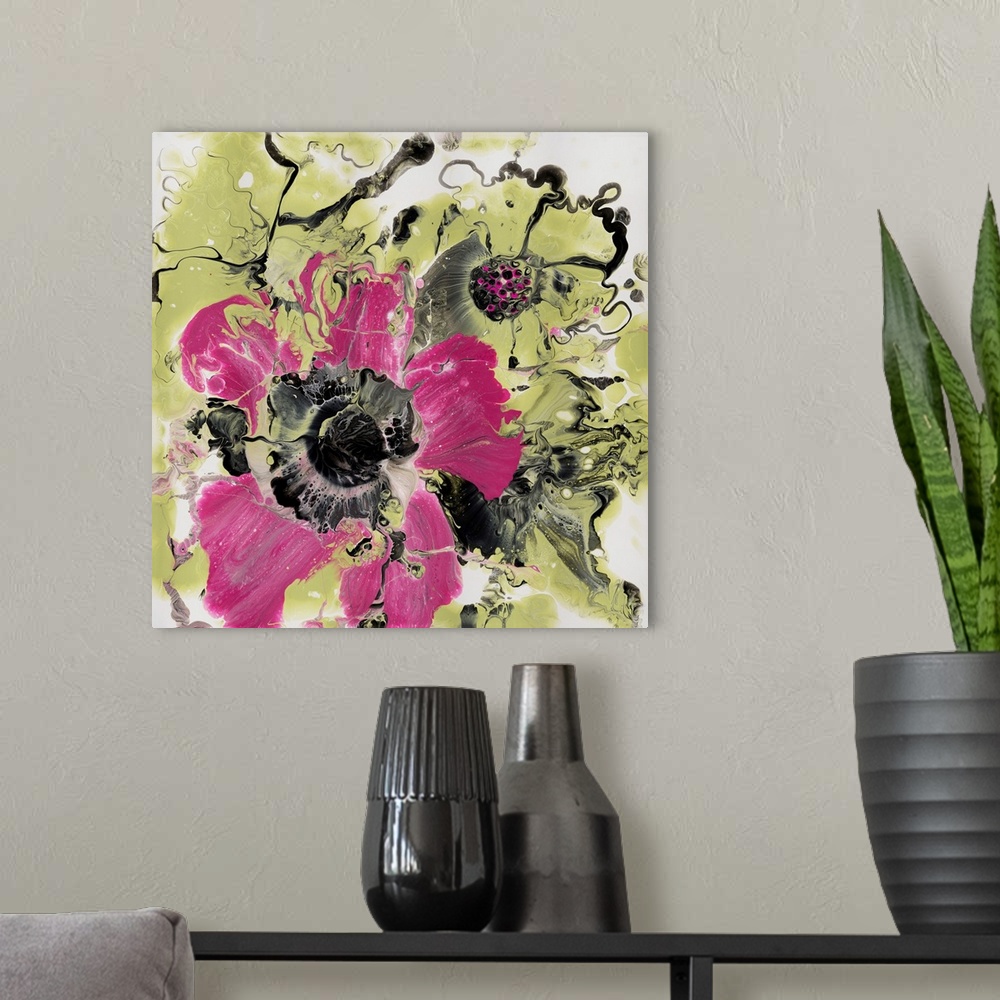 A modern room featuring Abstract pour painting of the flowers in a subdued color palette using dark pink, yellow and blac...