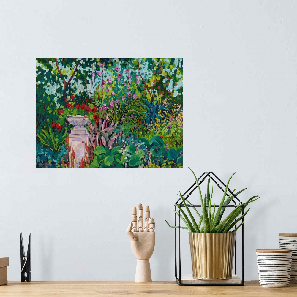 A bohemian room featuring Impressionist painting of urn planted with red geranium in garden with trees, camellias, and many...