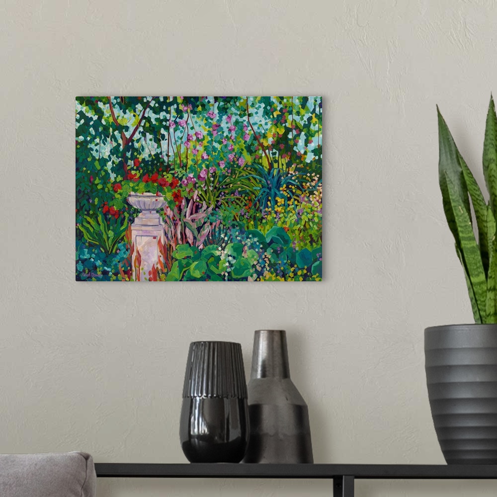A modern room featuring Impressionist painting of urn planted with red geranium in garden with trees, camellias, and many...