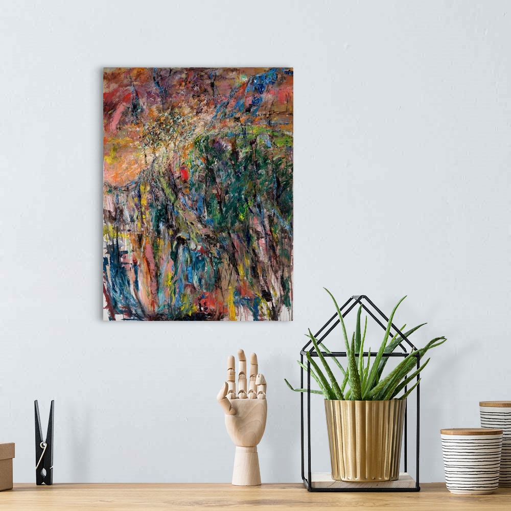 A bohemian room featuring An abstract painting of a high ridge line with the evening light peering through a small line of ...