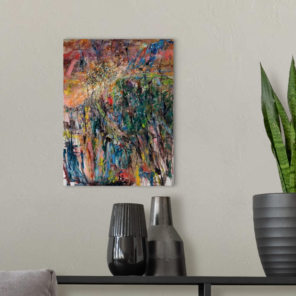 A modern room featuring An abstract painting of a high ridge line with the evening light peering through a small line of ...