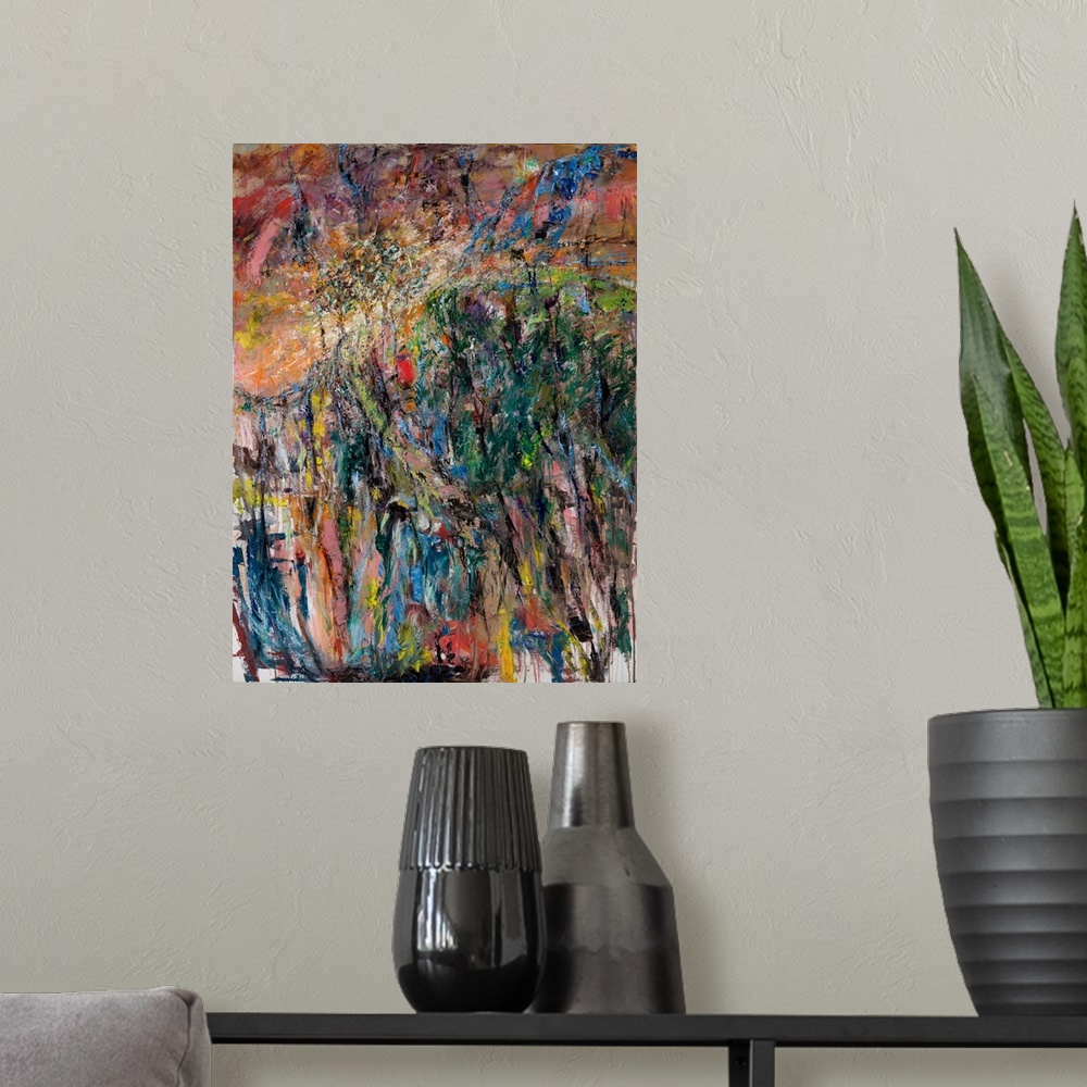 A modern room featuring An abstract painting of a high ridge line with the evening light peering through a small line of ...
