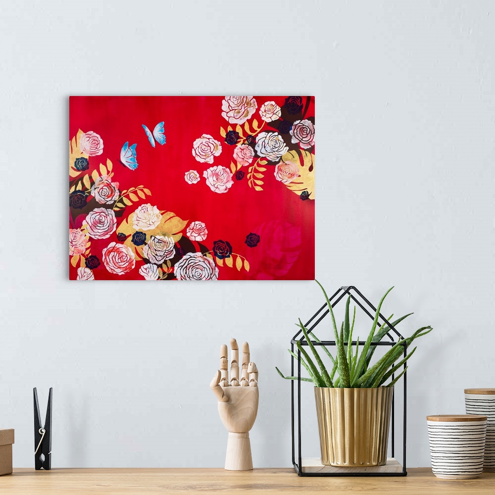 A bohemian room featuring Painting of two blue butterflies flying in rose garden with red background.