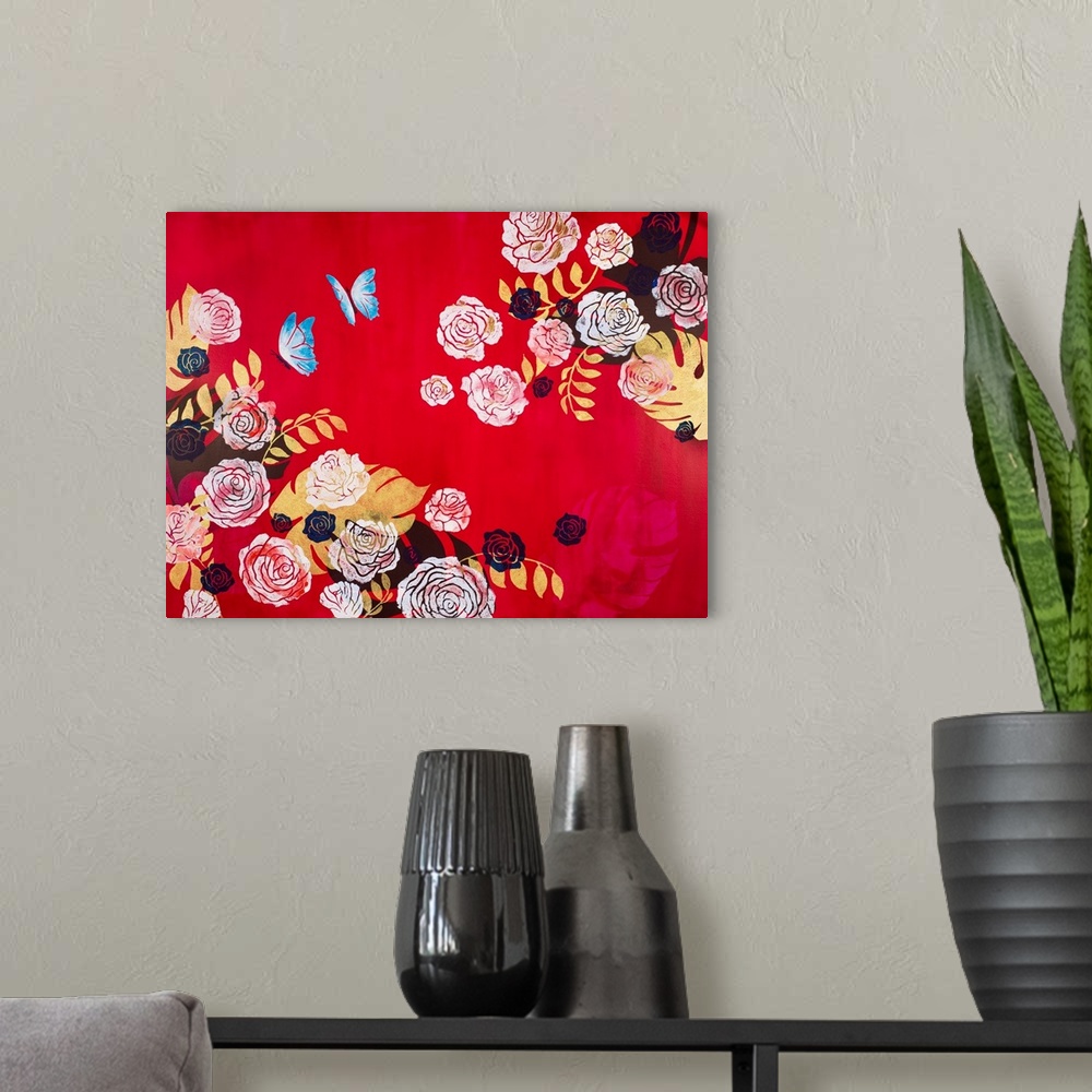 A modern room featuring Painting of two blue butterflies flying in rose garden with red background.