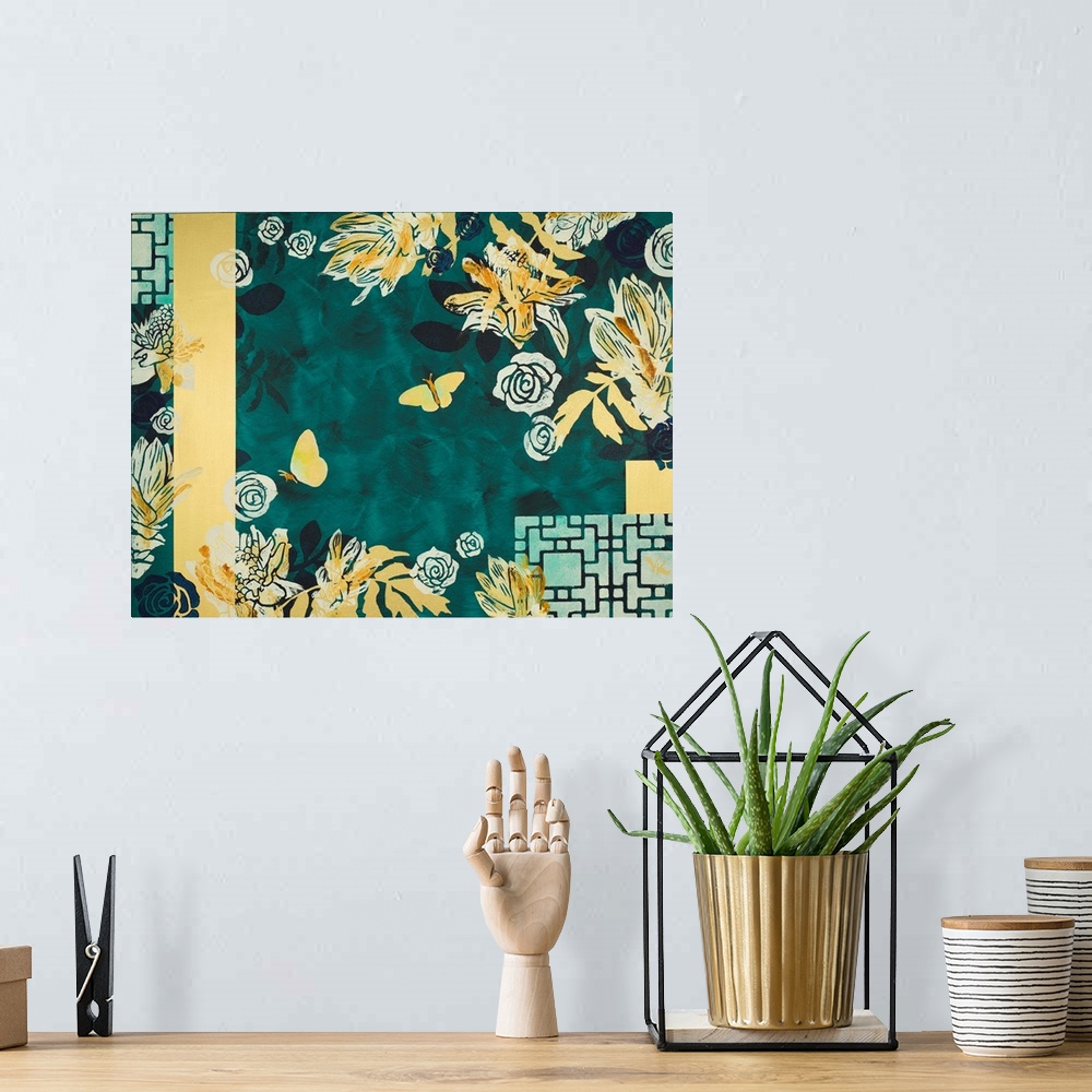 A bohemian room featuring Painting of two butterflies flying amidst ginger flowers and roses with brushed emerald background.