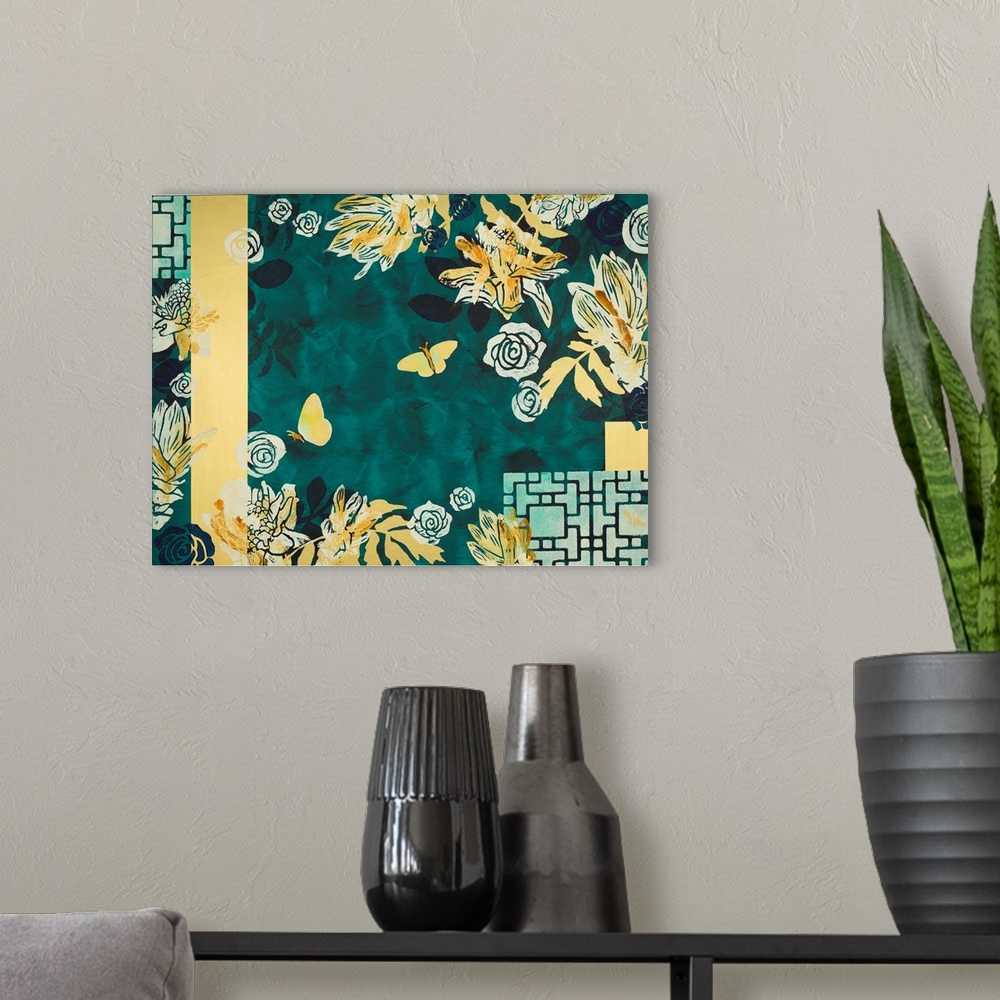 A modern room featuring Painting of two butterflies flying amidst ginger flowers and roses with brushed emerald background.