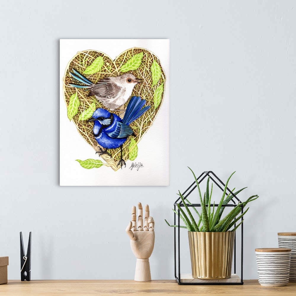 A bohemian room featuring The superb fairywren pair is painted against the heart shape woods in watercolor on paper.