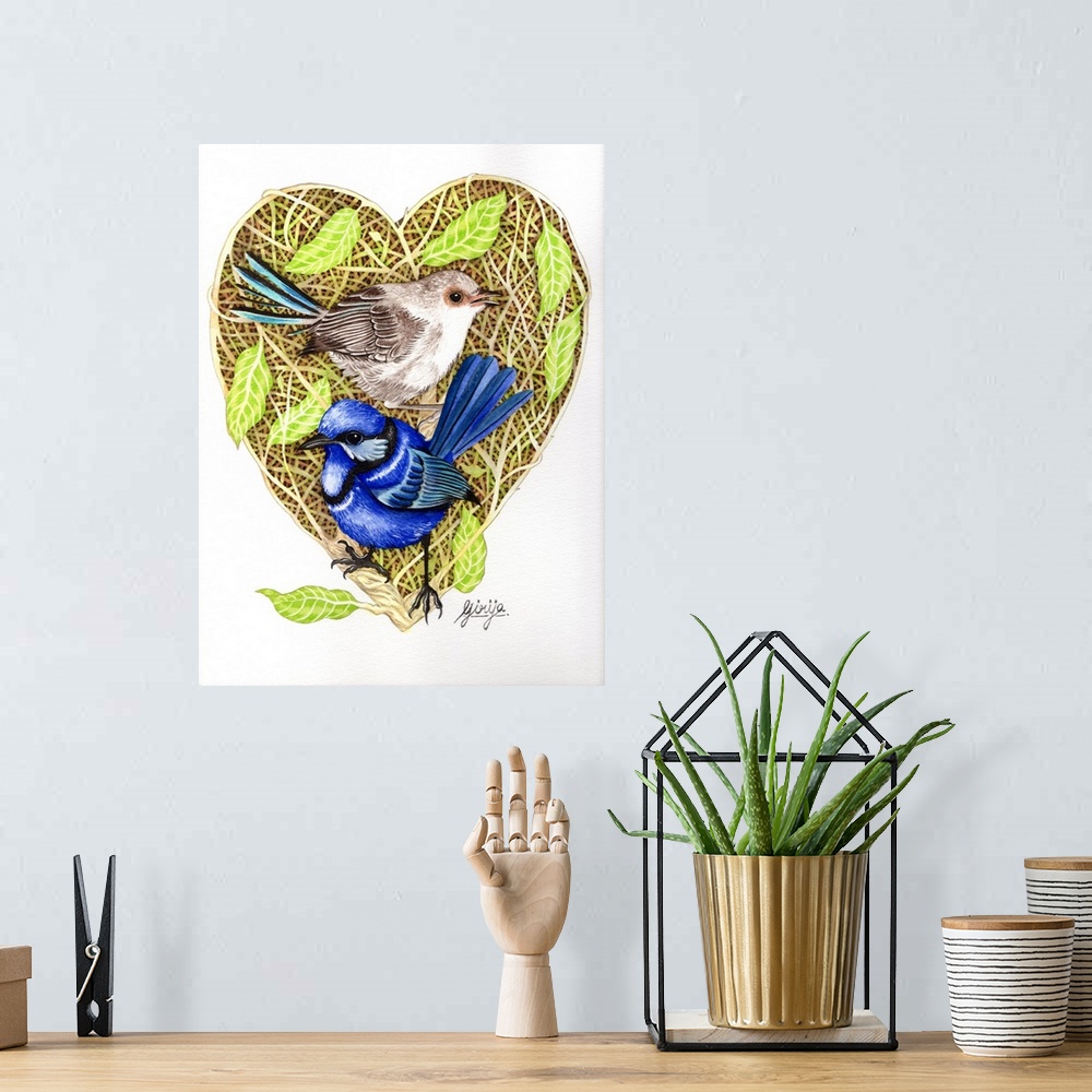 A bohemian room featuring The superb fairywren pair is painted against the heart shape woods in watercolor on paper.