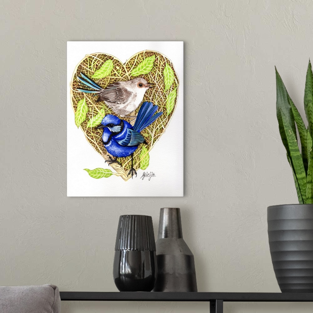 A modern room featuring The superb fairywren pair is painted against the heart shape woods in watercolor on paper.