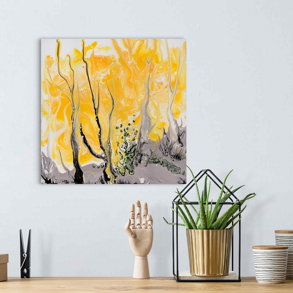 A bohemian room featuring Pour painting of the blooming wattle trees with bright amber crones that are thick enough to cove...