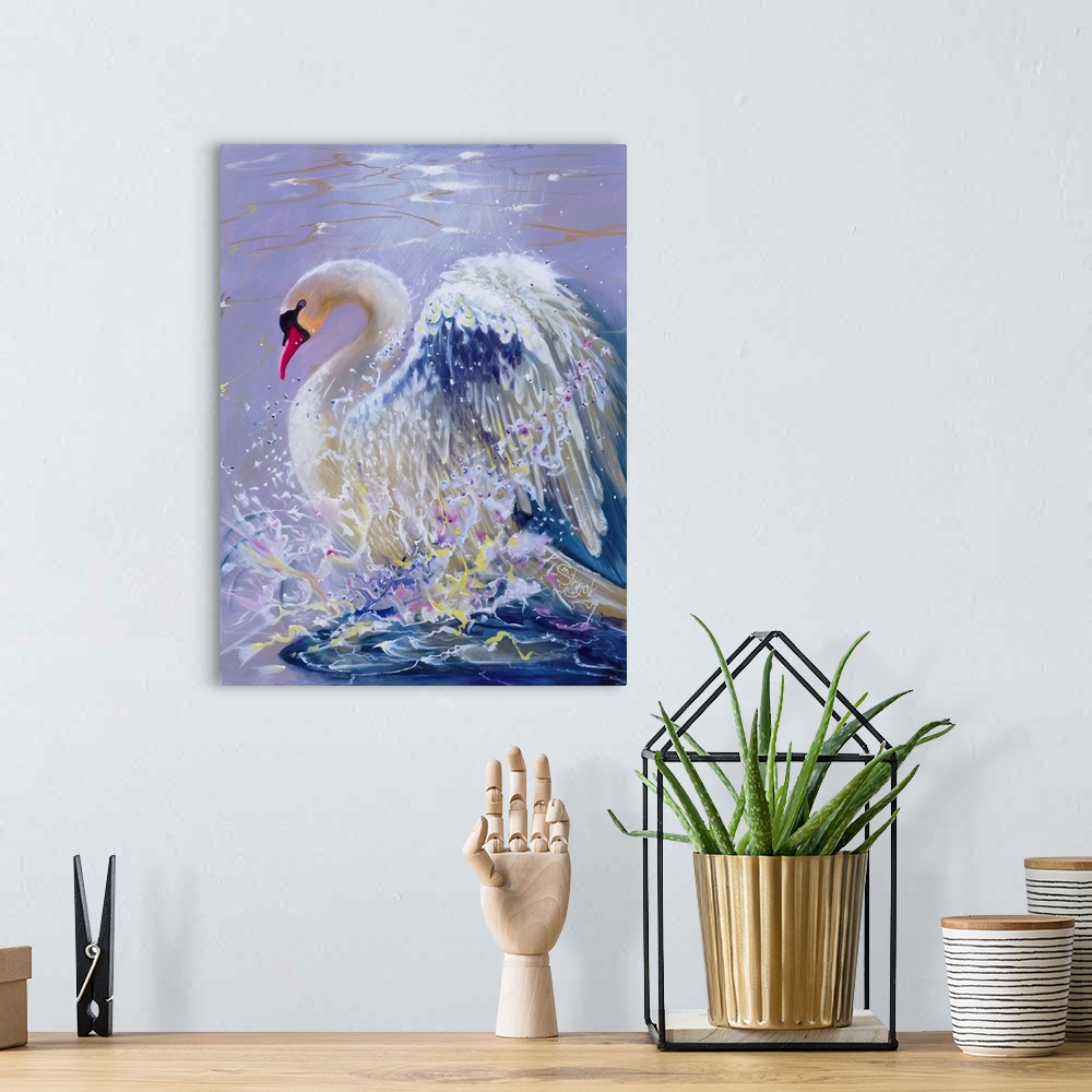 A bohemian room featuring A swan surfacing into a burst of splashes, colorfully gleaming in the reflected light.