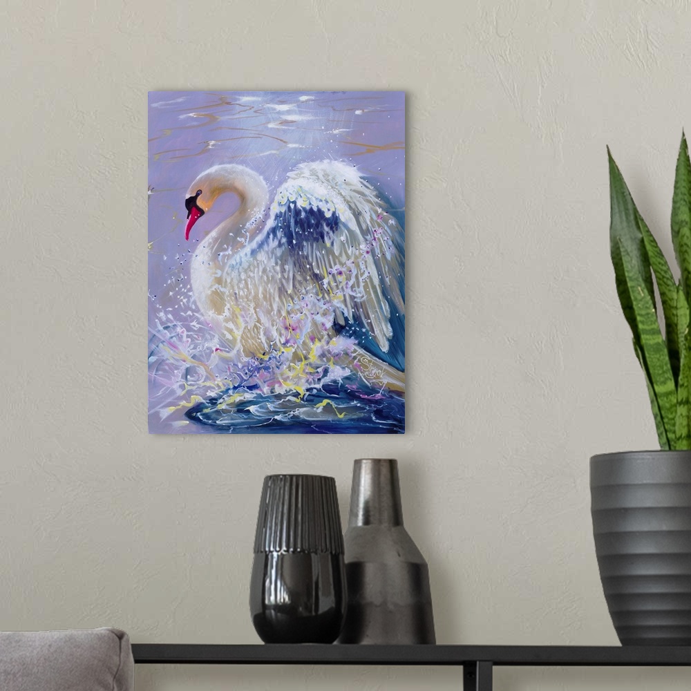 A modern room featuring A swan surfacing into a burst of splashes, colorfully gleaming in the reflected light.