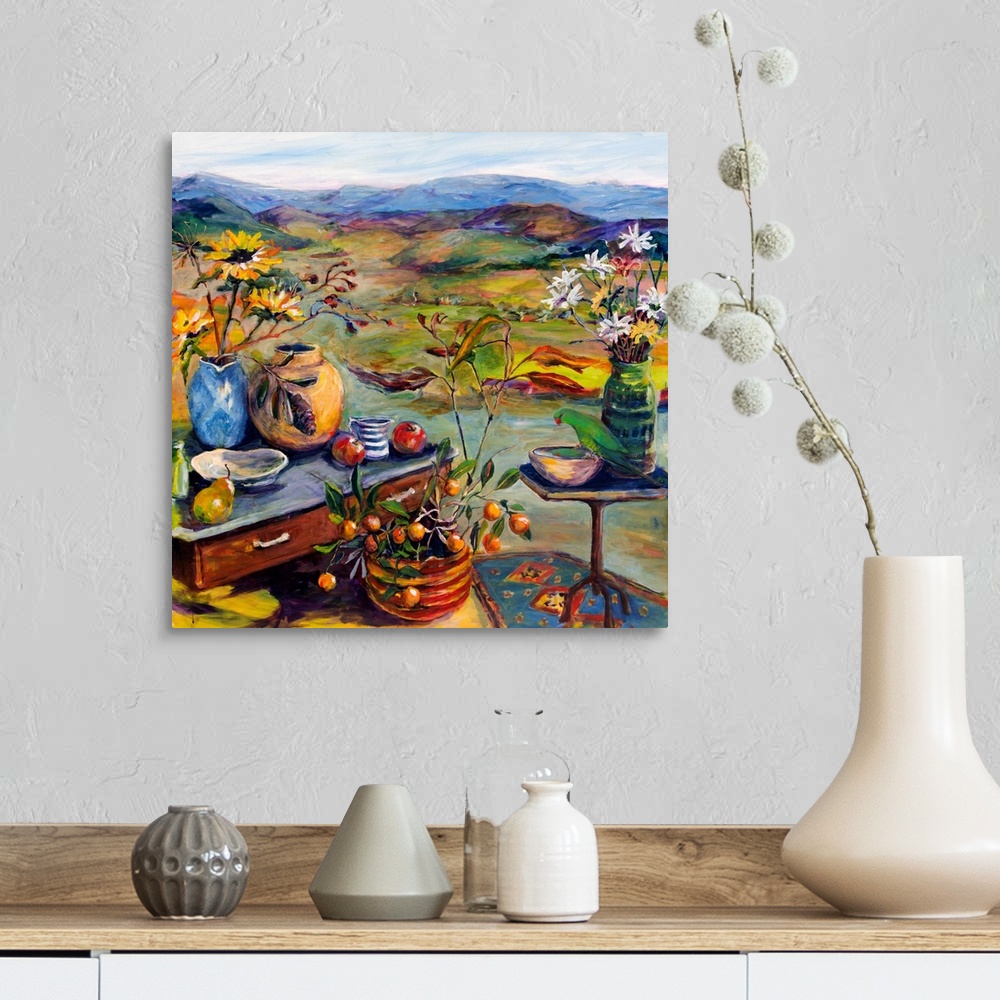A farmhouse room featuring Colorful landscape and still life with flowers, fruit, and birds.