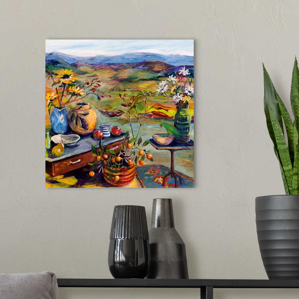 A modern room featuring Colorful landscape and still life with flowers, fruit, and birds.