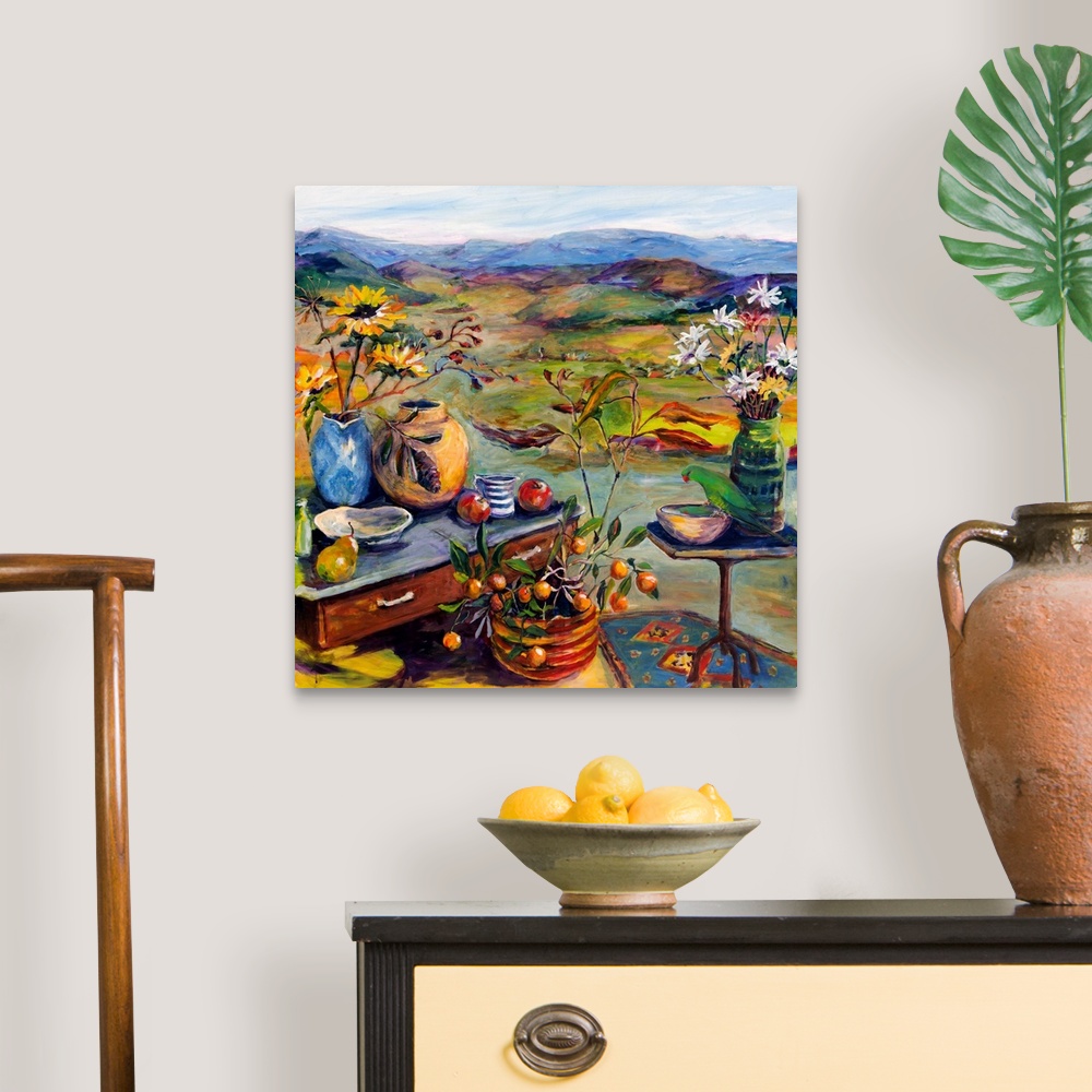 A traditional room featuring Colorful landscape and still life with flowers, fruit, and birds.