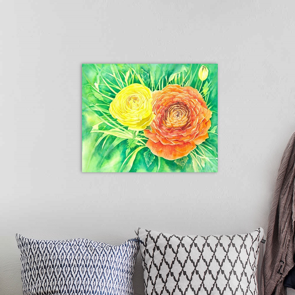 A bohemian room featuring Two bright yellow and orange flowers are painted in watercolor on paper with fresh green background.