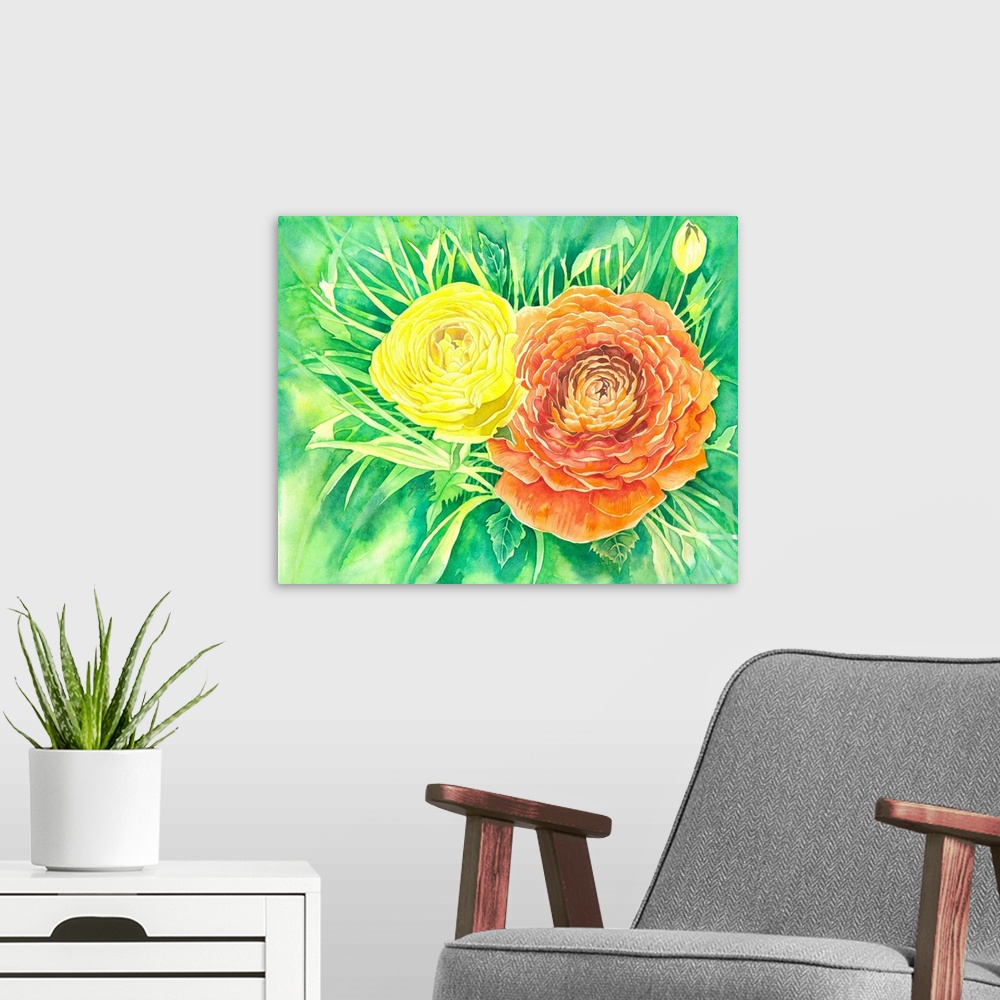 A modern room featuring Two bright yellow and orange flowers are painted in watercolor on paper with fresh green background.