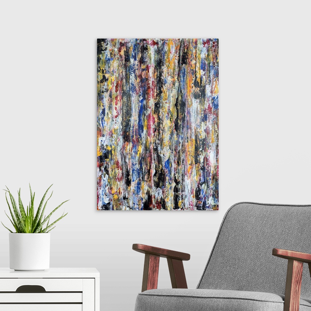 A modern room featuring Painting on paper of a parched forest regenerating vibrantly.