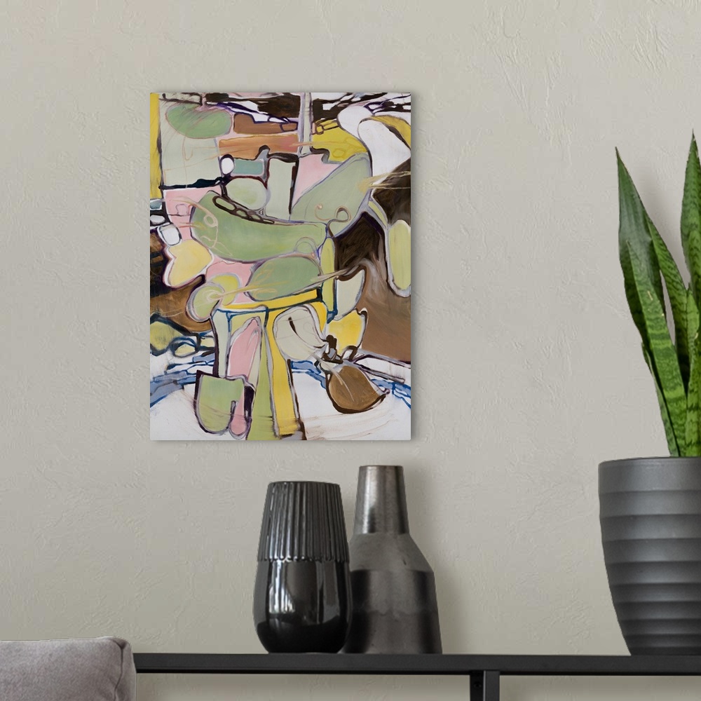 A modern room featuring An abstract on a play of cool tonal variations and forms coupled voids.