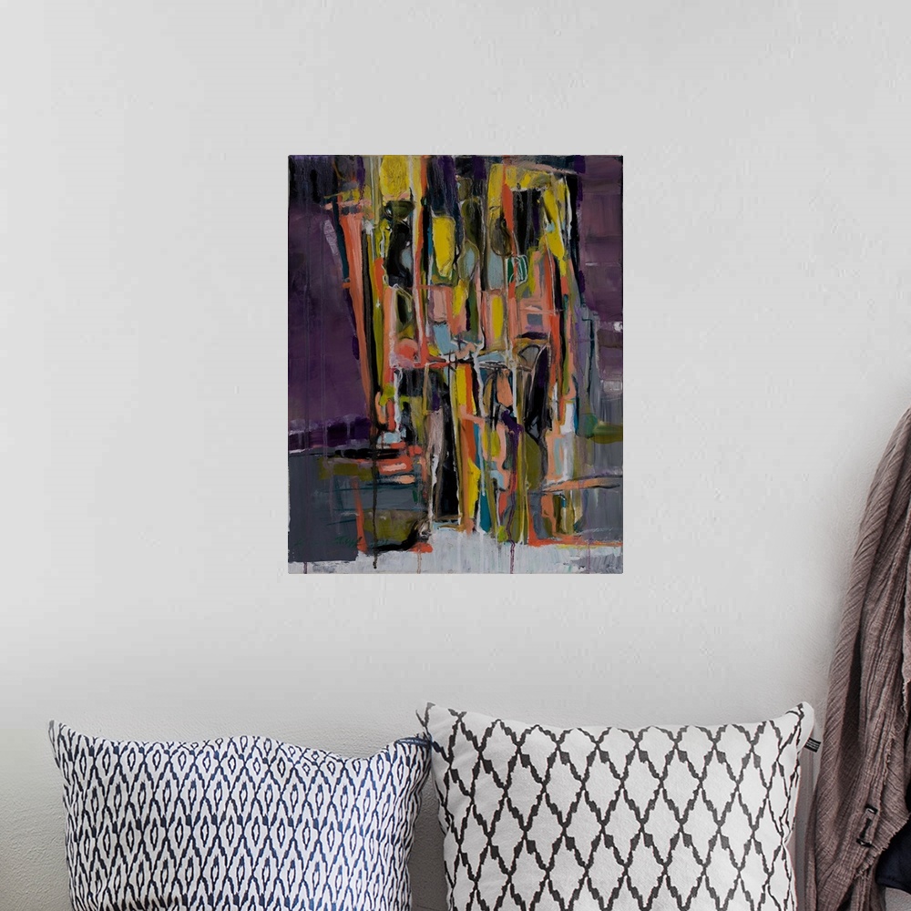 A bohemian room featuring An abstract inspired by the landscapes by the sea; of high and steep cliffs scared by deep crevic...