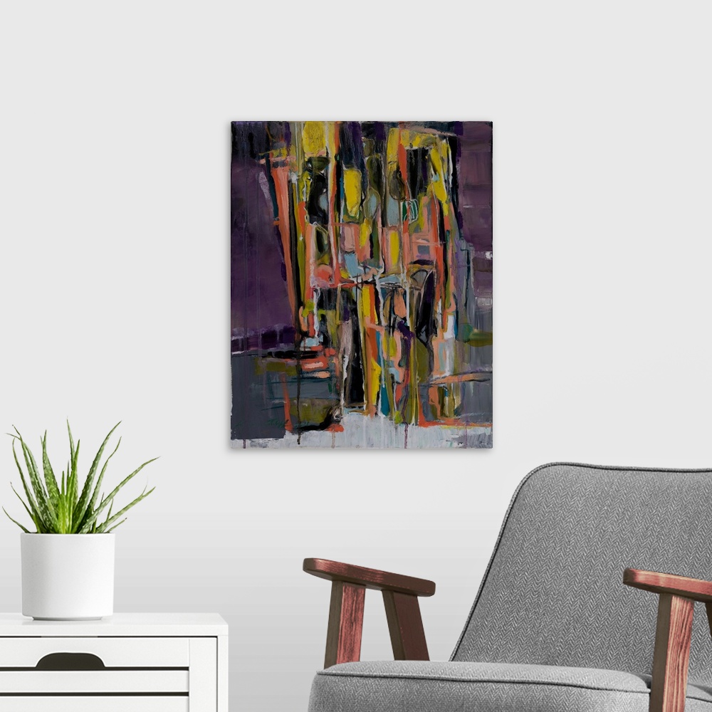 A modern room featuring An abstract inspired by the landscapes by the sea; of high and steep cliffs scared by deep crevic...