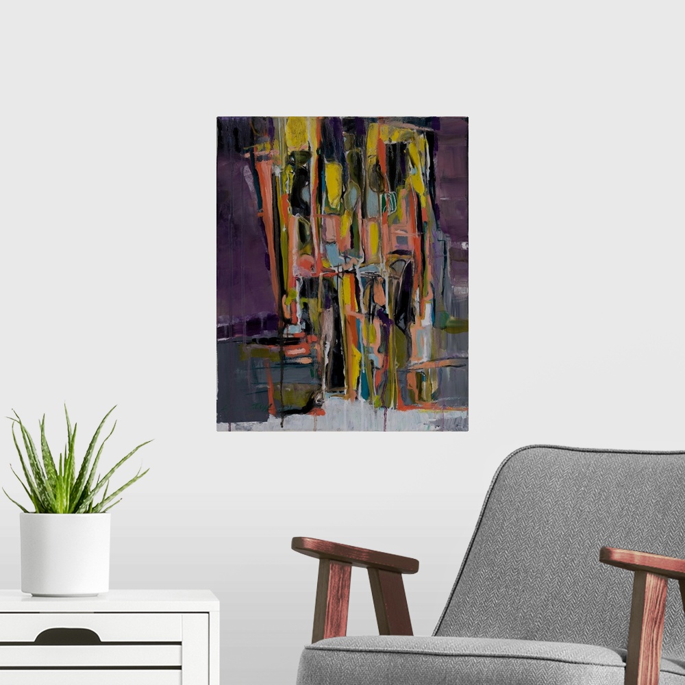 A modern room featuring An abstract inspired by the landscapes by the sea; of high and steep cliffs scared by deep crevic...