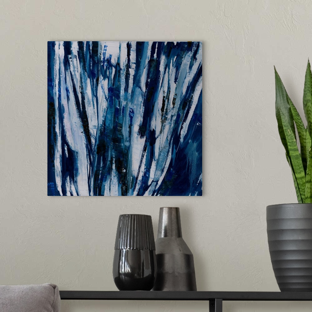 A modern room featuring An abstract inspired by landscapes of iced-over lakes; balancing the sleekness and smoothness of ...