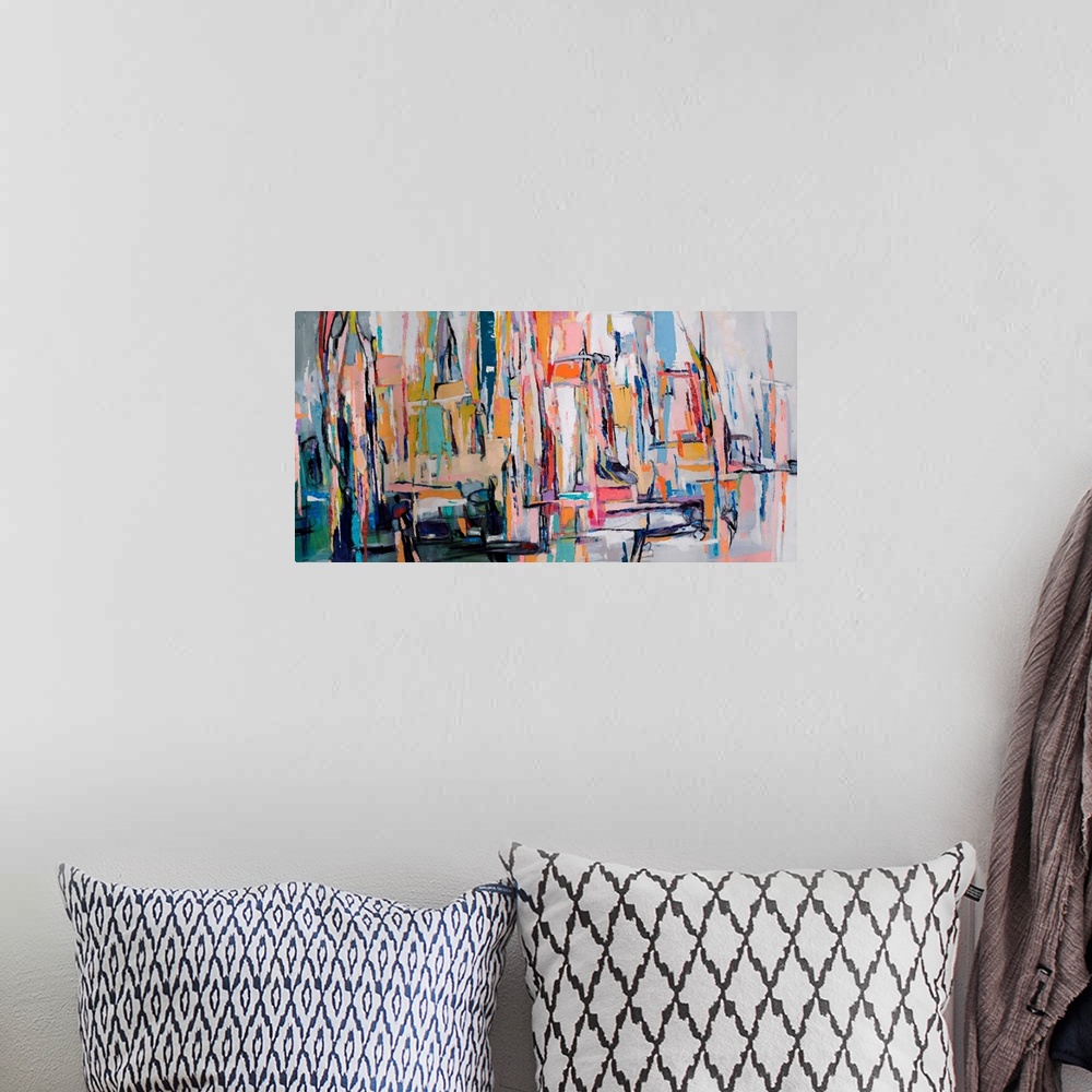 A bohemian room featuring An abstract painting inspired by the Australian landscape depicting both city scape and the wide ...