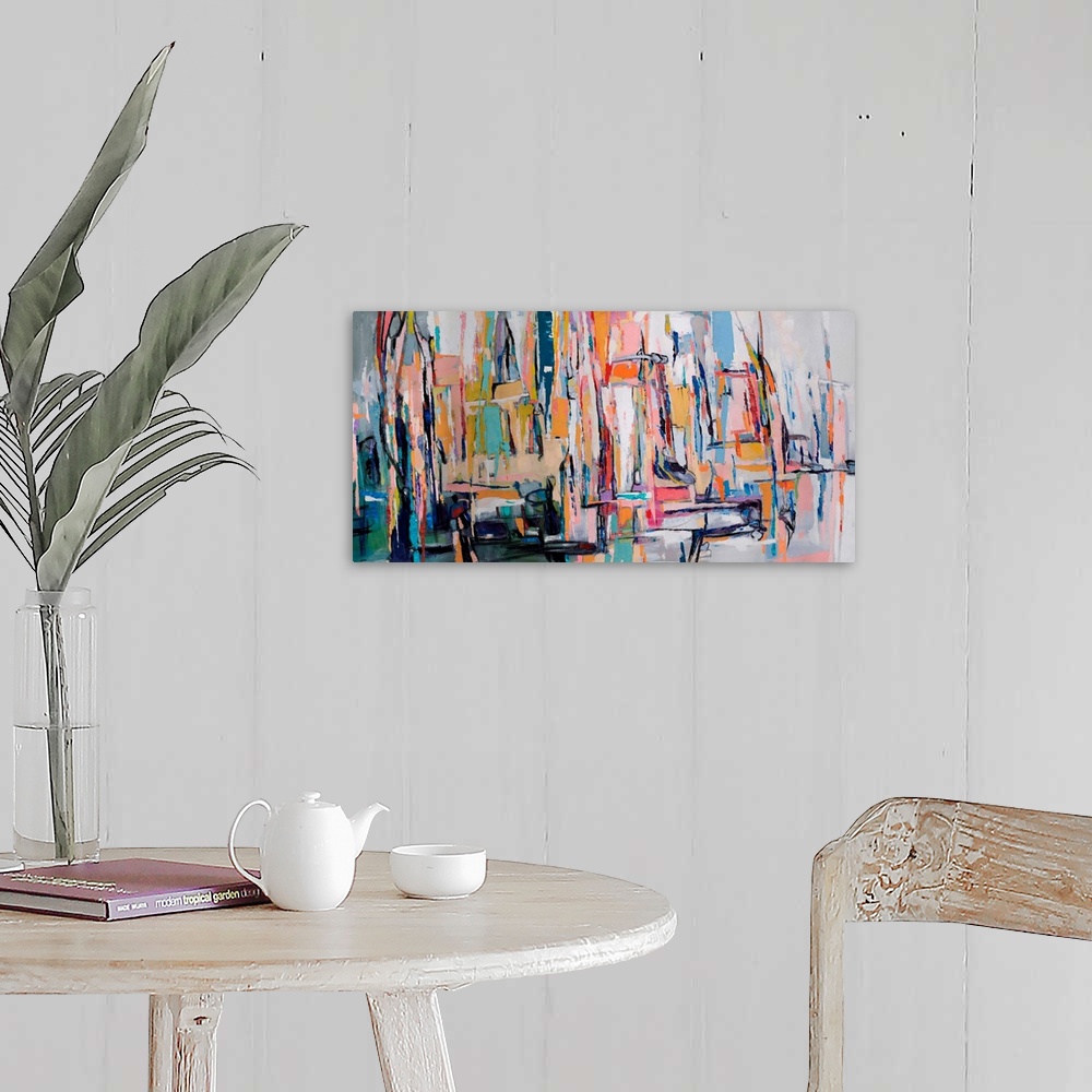 A farmhouse room featuring An abstract painting inspired by the Australian landscape depicting both city scape and the wide ...