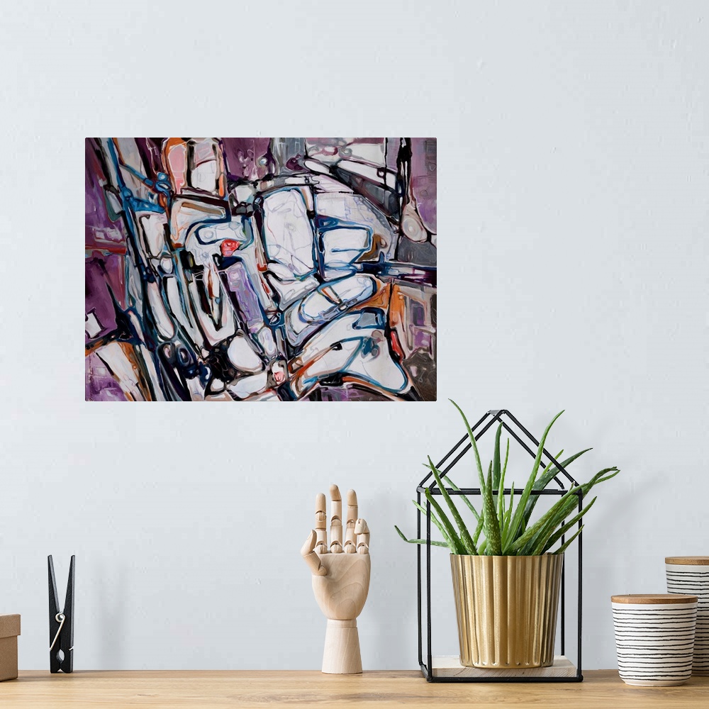 A bohemian room featuring An abstract painting of a play of tonal variations and forms coupled voids.