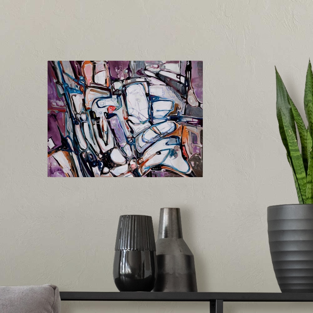 A modern room featuring An abstract painting of a play of tonal variations and forms coupled voids.