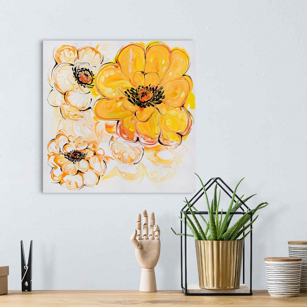 A bohemian room featuring Pour painting of cheerful yellow-orange flowers with plump, rounded shapes and fine black outline...