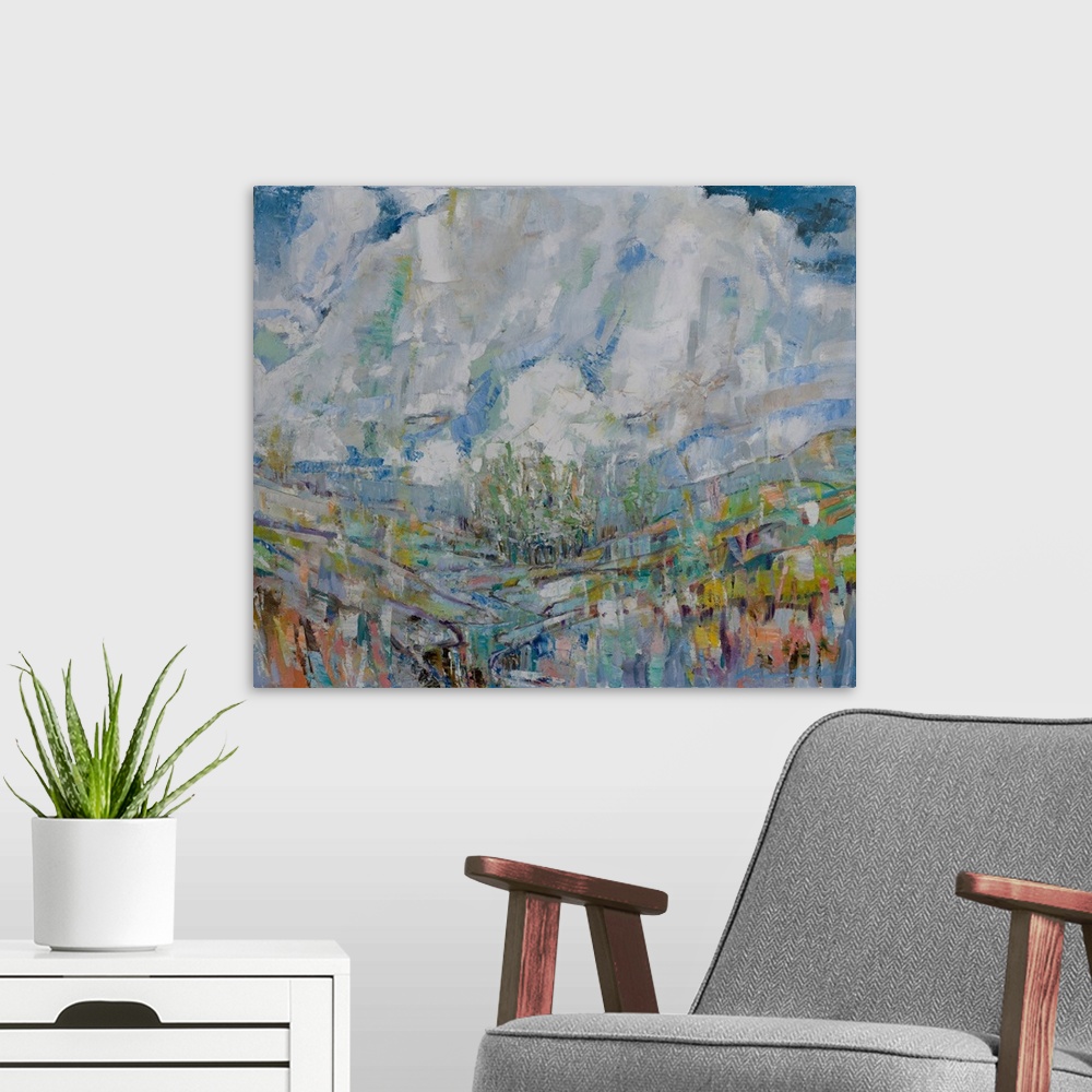 A modern room featuring An abstract landscape where harmony, I believe, is found in the contrasting vertical and horizont...