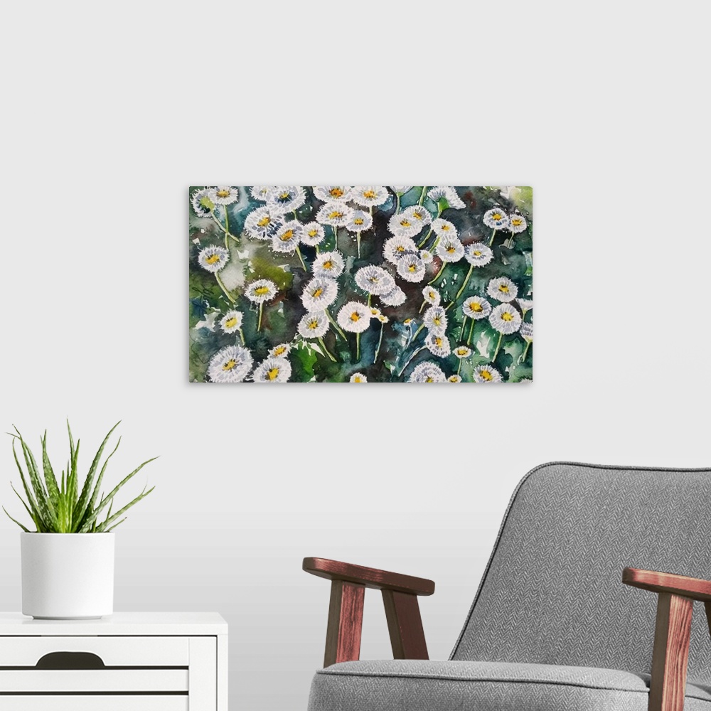 A modern room featuring These tiny little white flowers are painted in watercolor on paper with rich green shadows.