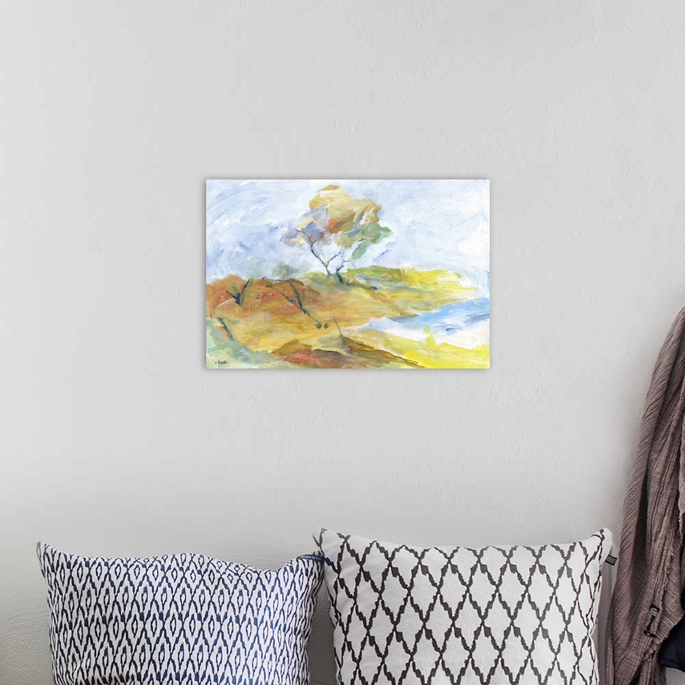 A bohemian room featuring Impressionist view of a coastal winter landscape with a tree bowed by wind, sea, and seashore.