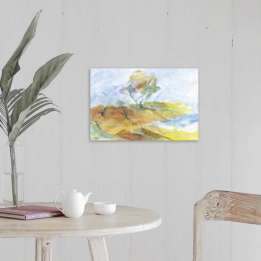 A farmhouse room featuring Impressionist view of a coastal winter landscape with a tree bowed by wind, sea, and seashore.