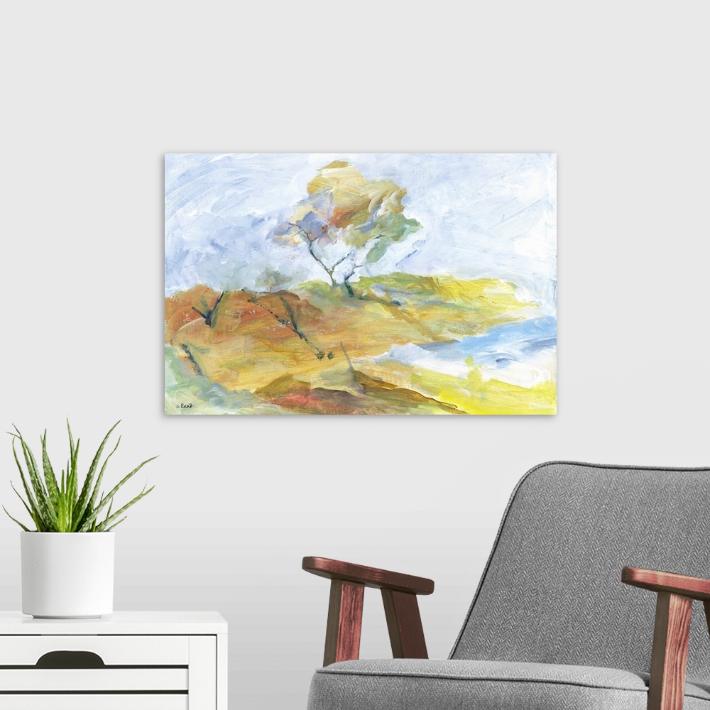 A modern room featuring Impressionist view of a coastal winter landscape with a tree bowed by wind, sea, and seashore.