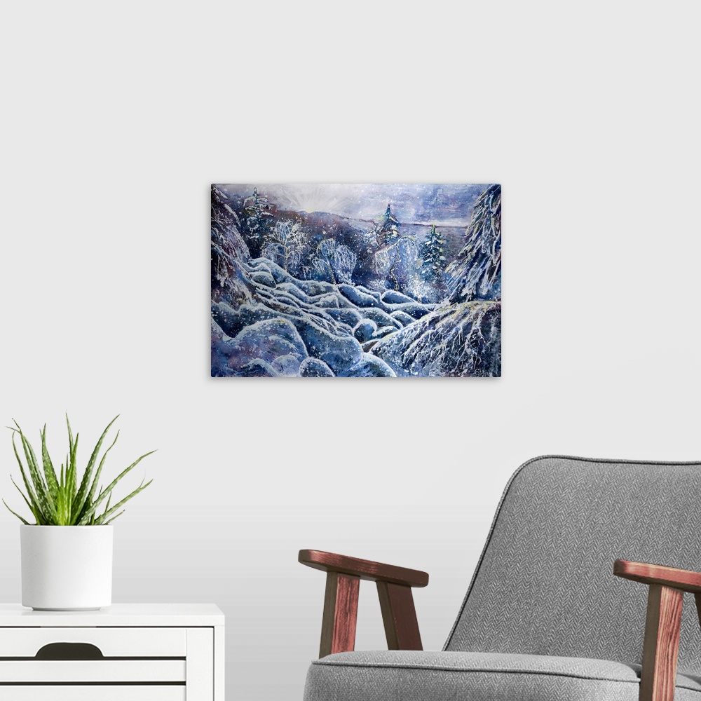 A modern room featuring Painting of a snowfall, covering the forest with a white blanket that sparkles in the gleams of s...