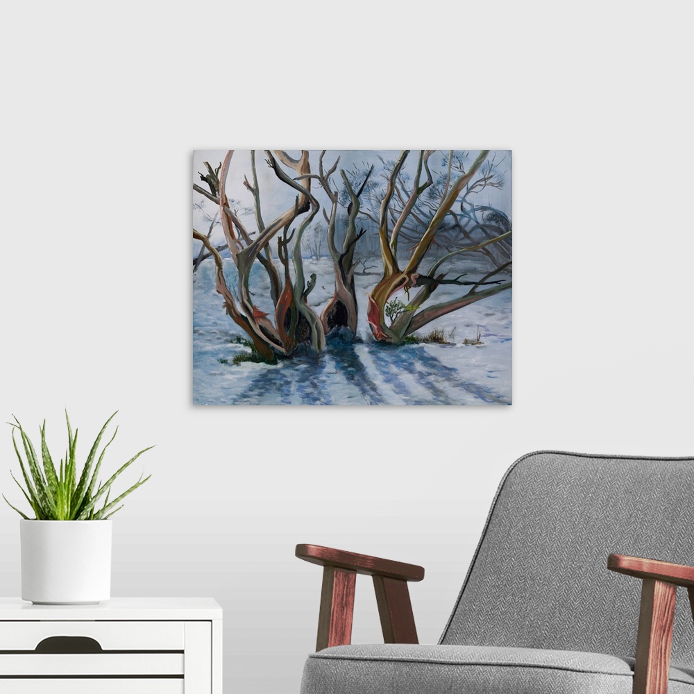A modern room featuring Landscape painting of the eucalyptus trees in snowy mountains, Australia, enduring short, yet col...
