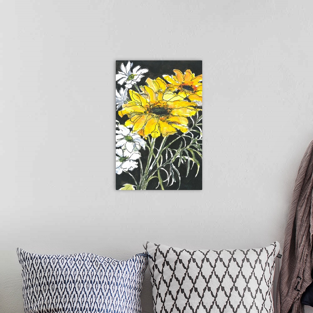 A bohemian room featuring Bright pen and wash contemporary drawing of yellow and white flowers on a black background.
