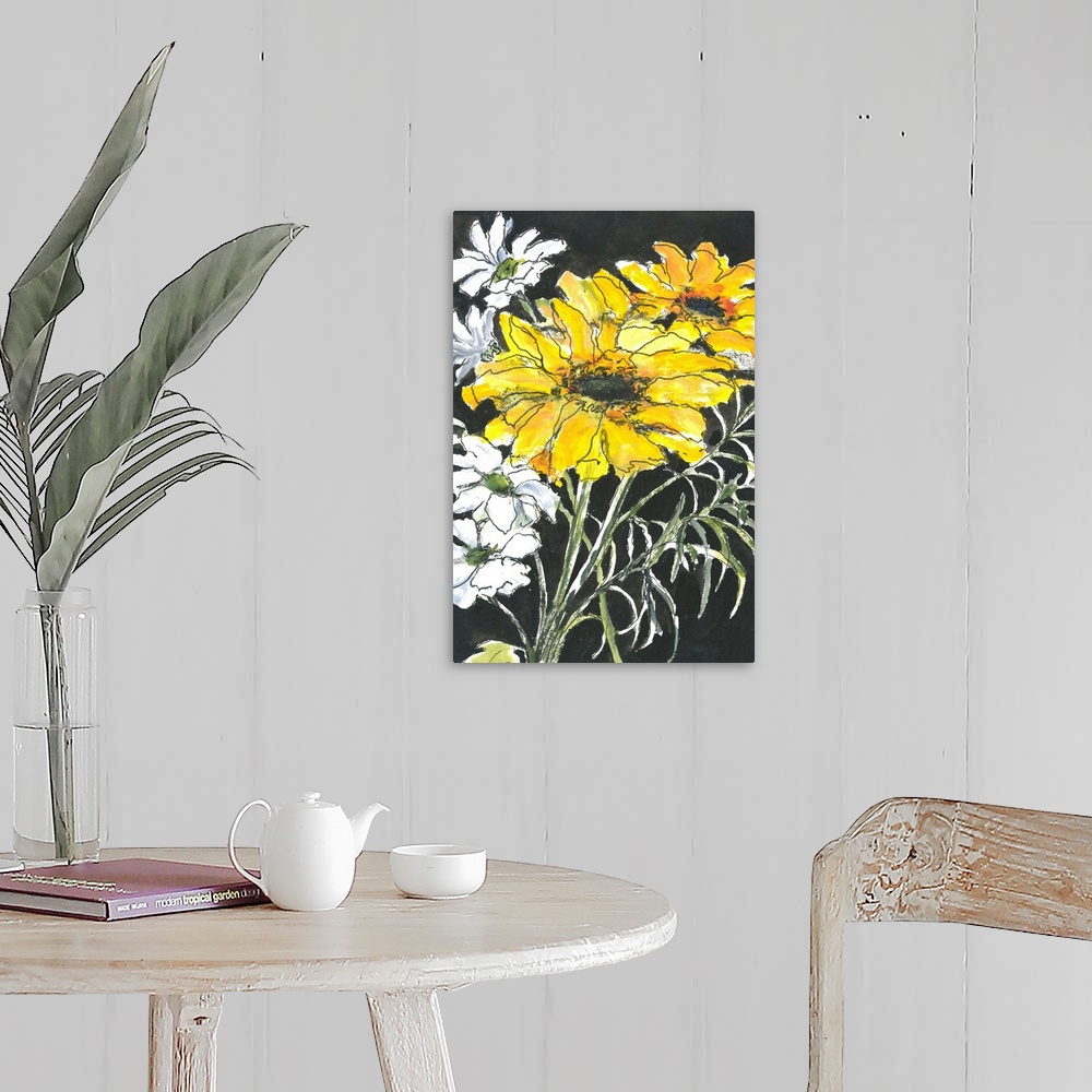 A farmhouse room featuring Bright pen and wash contemporary drawing of yellow and white flowers on a black background.