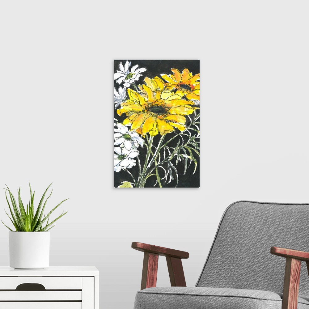 A modern room featuring Bright pen and wash contemporary drawing of yellow and white flowers on a black background.