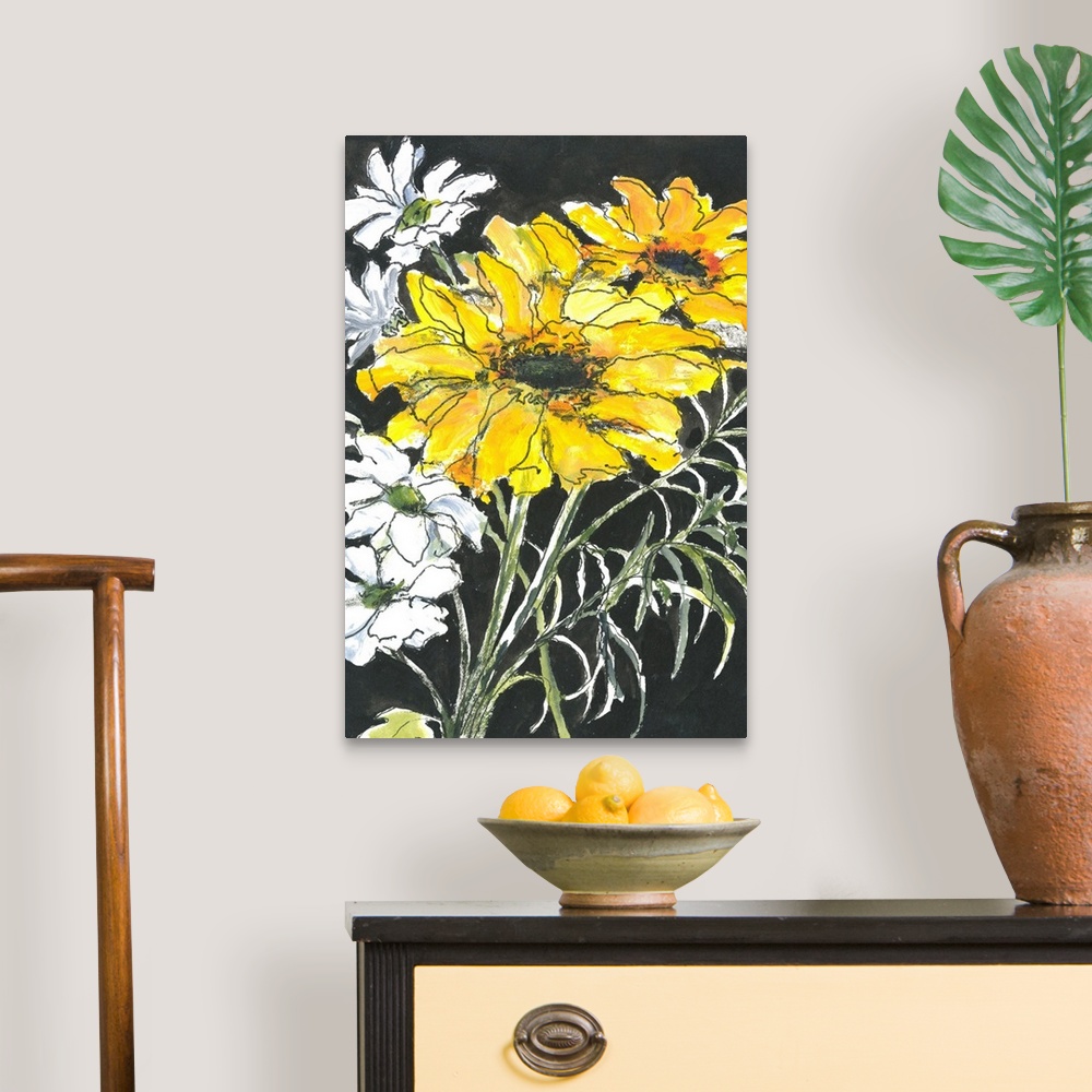 A traditional room featuring Bright pen and wash contemporary drawing of yellow and white flowers on a black background.