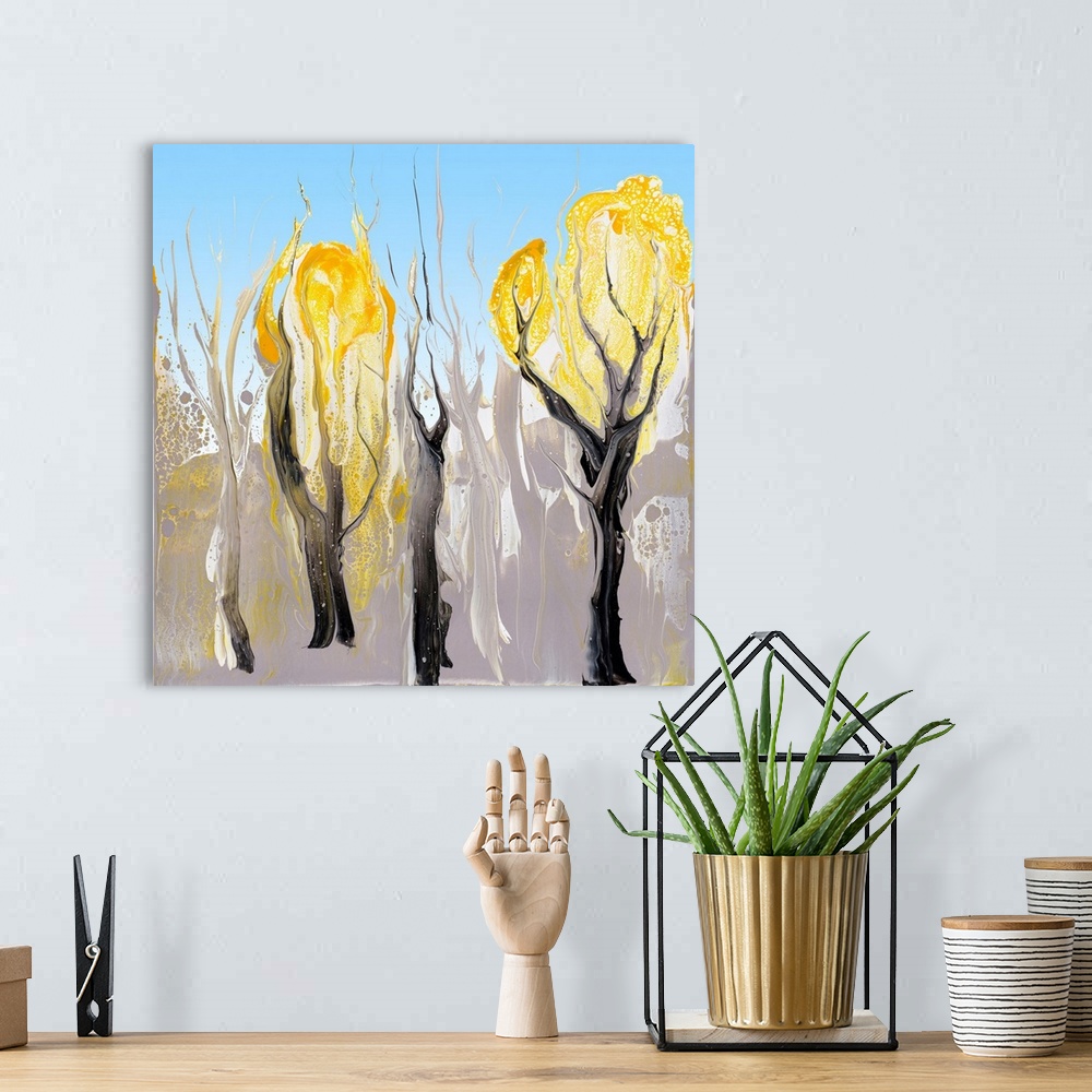 A bohemian room featuring Abstract painting of the wattle grove in a minimalistic color palette: gray soil, white sky and y...