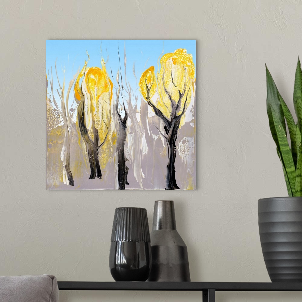A modern room featuring Abstract painting of the wattle grove in a minimalistic color palette: gray soil, white sky and y...