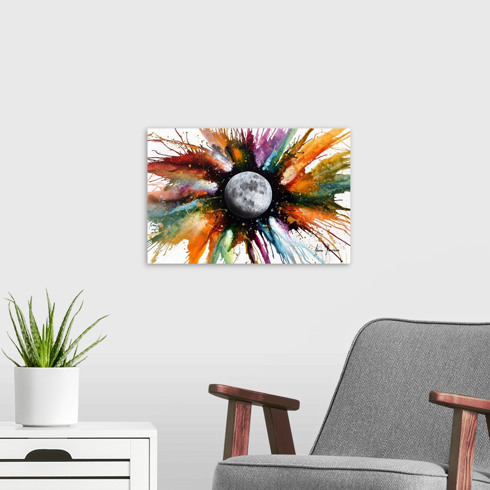 A modern room featuring Abstract Universe - Rainbow Moon