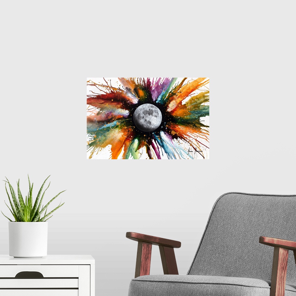 A modern room featuring Abstract Universe - Rainbow Moon