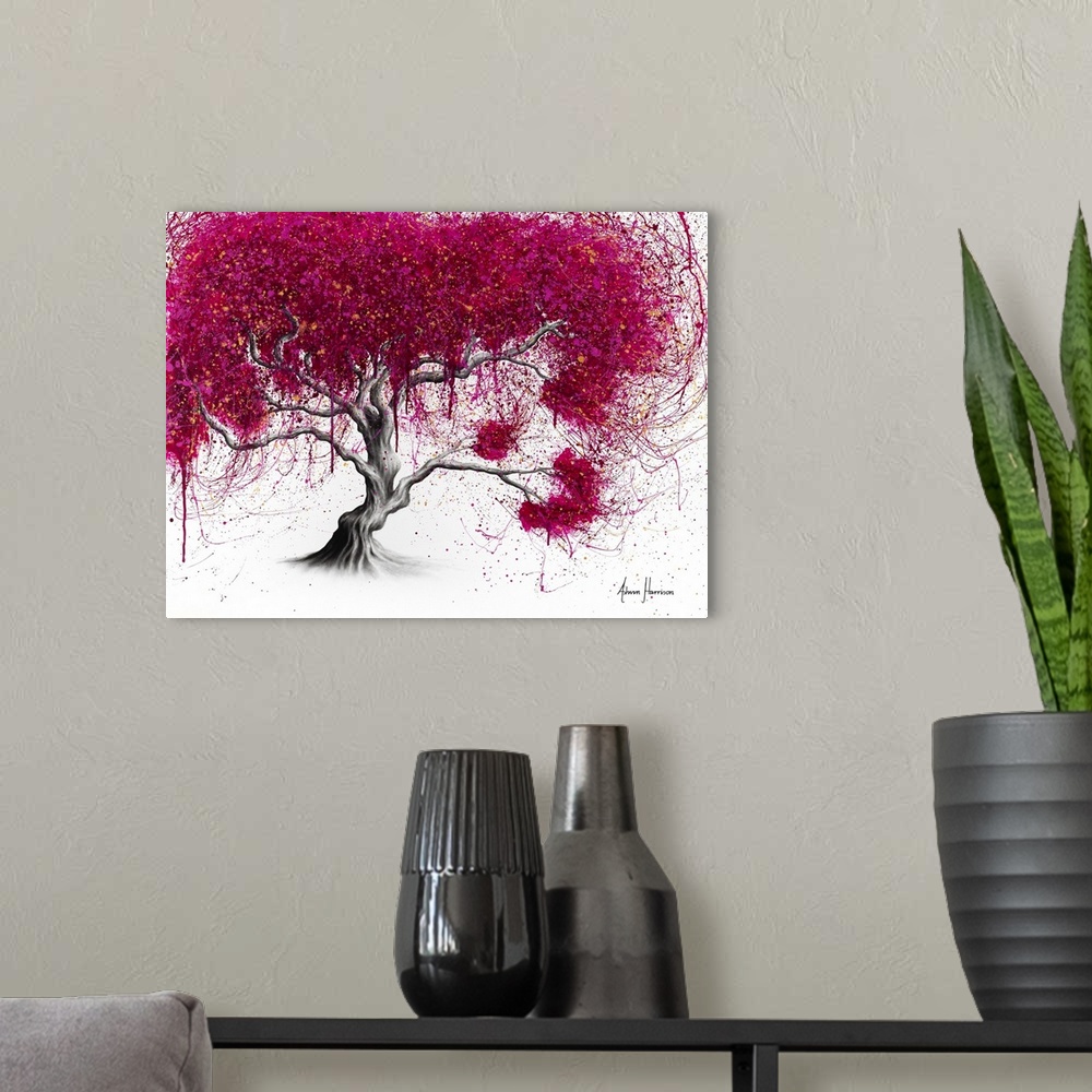 A modern room featuring Magenta Kissing Tree